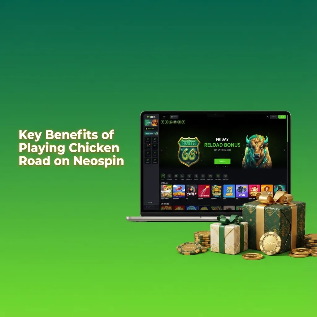 Infographic listing key benefits of playing Chicken Road on Neospin, including fast bets, high RTP, stats, and live chat