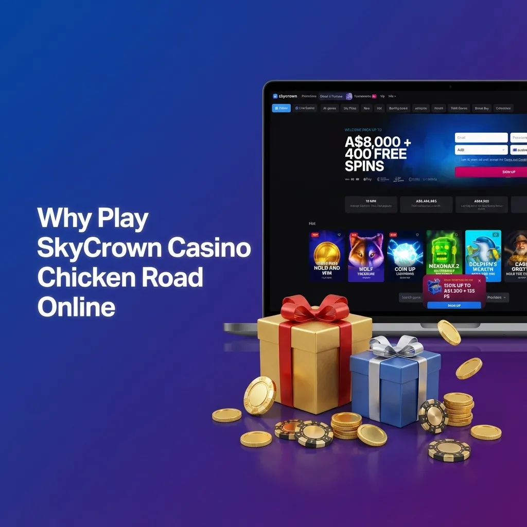 Chicken Road on SkyCrown Casino shown on laptop, highlighting fast crash bets, multipliers, and Aussie-friendly support features