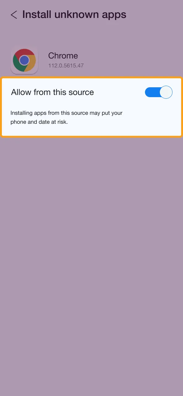 Approve Ricky Casino APK and allow installs from this known source.