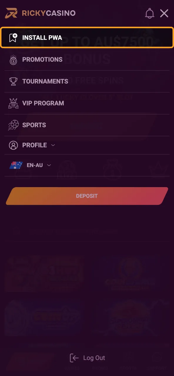 Open the Ricky Casino mobile section and tap the Android APK download.