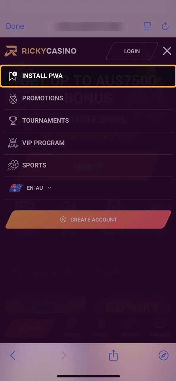 Locate the Ricky Casino iOS button at the bottom and tap to view steps.