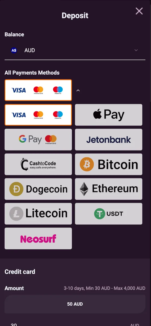 Enter your amount and complete your first AUD deposit at Ricky Casino.