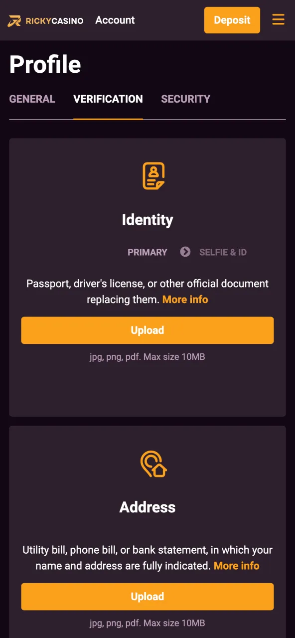 Complete Ricky Casino verification through email check and identity document submission.