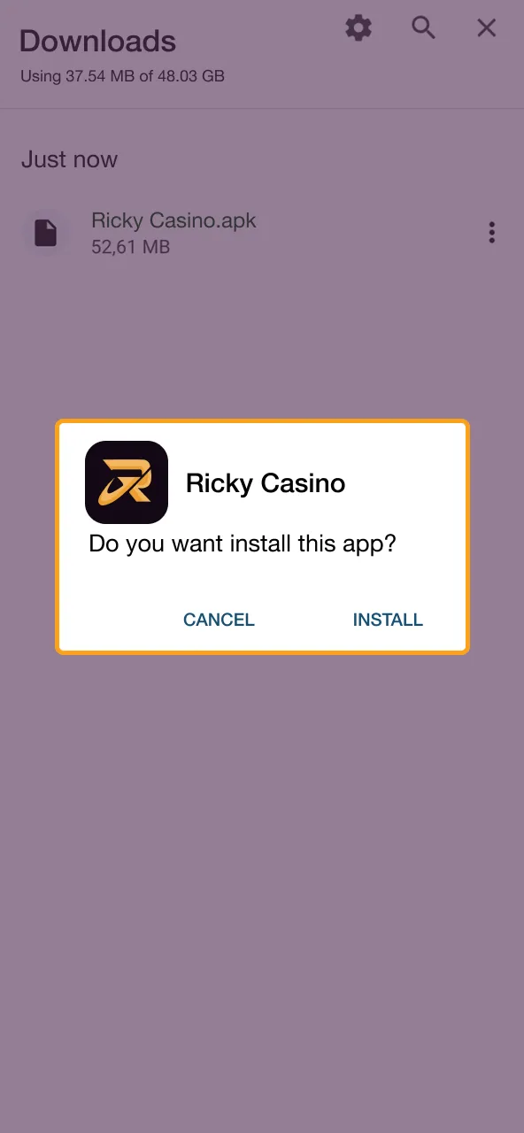 Install Ricky Casino by opening the APK and following the on‑screen steps.