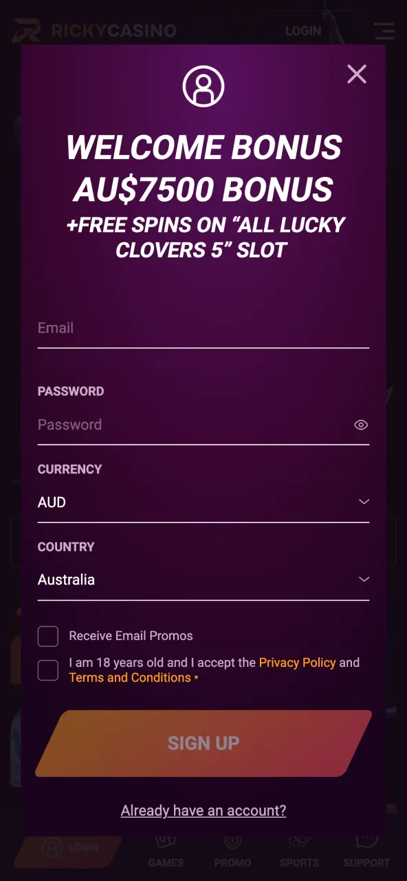 Complete Ricky Casino signup with email, password, currency and required details.