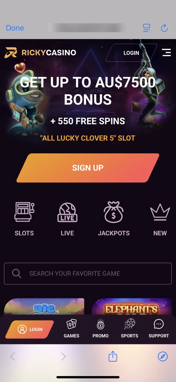 Use Safari on your iOS device to access the Ricky Casino website.