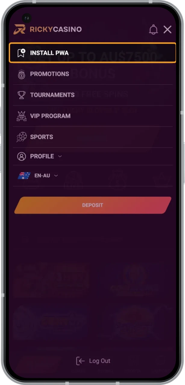 Open the Ricky Casino mobile section and tap the Android APK download.