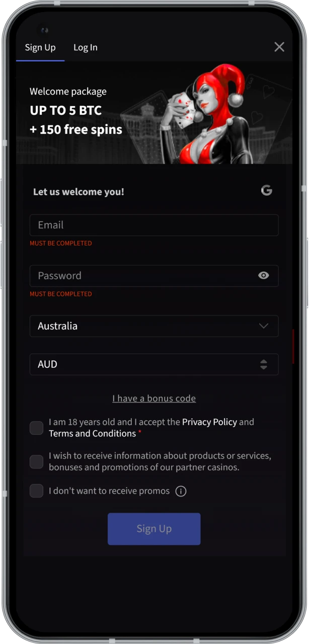 Enter your information to create an account at Mirax Casino.