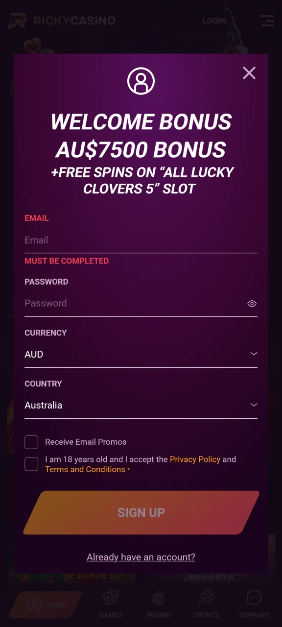 Enter your information and choose your currency to register at Ricky Casino.