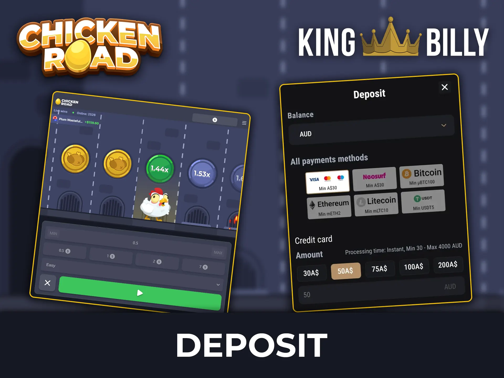Top up your account using secure payment methods at King Billy to play Chicken Road.