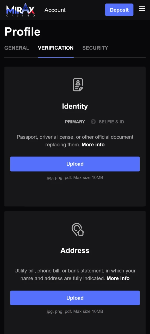 Add your documents to verify your Mirax Casino account and play Chicken Road.