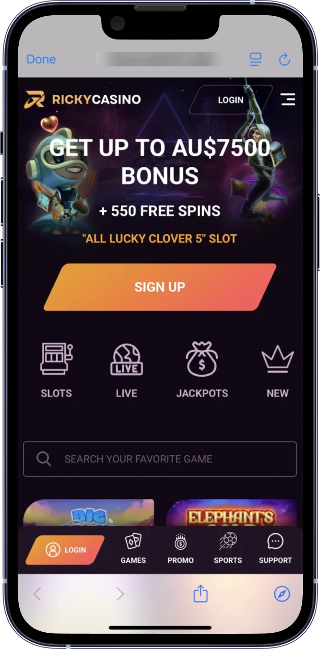 Use Safari on your iOS device to access the Ricky Casino website.