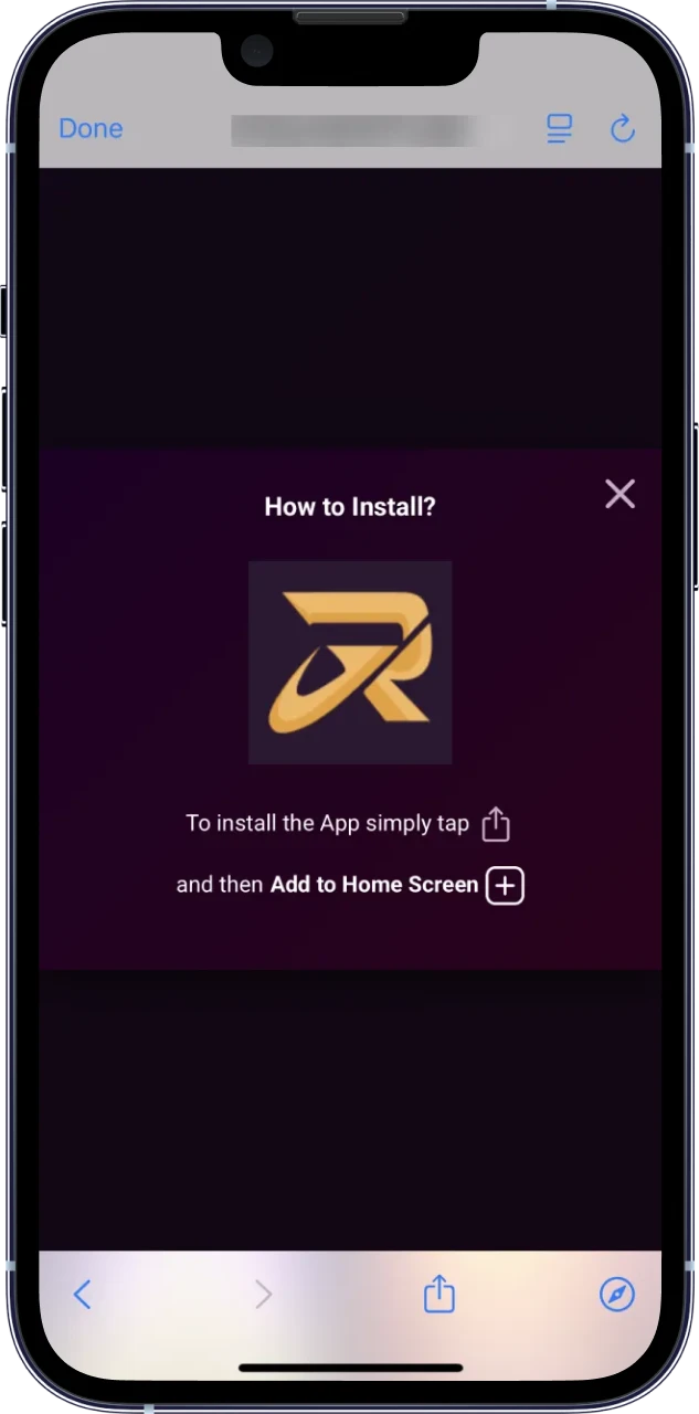Open Safari’s Share button to view actions for the Ricky Casino page.