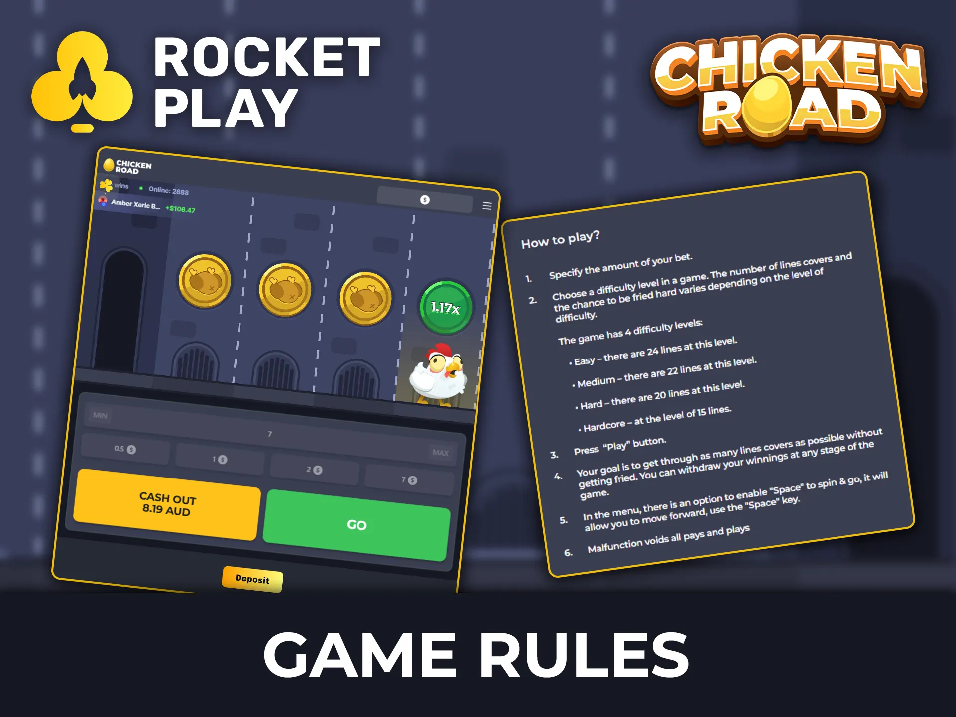 Check out the main gameplay mechanics of Chicken Road on Rocket Play.