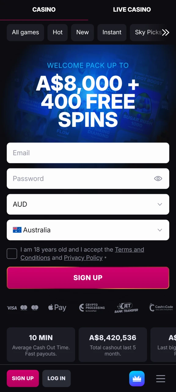 Go to the Skycrown website for Australian players.